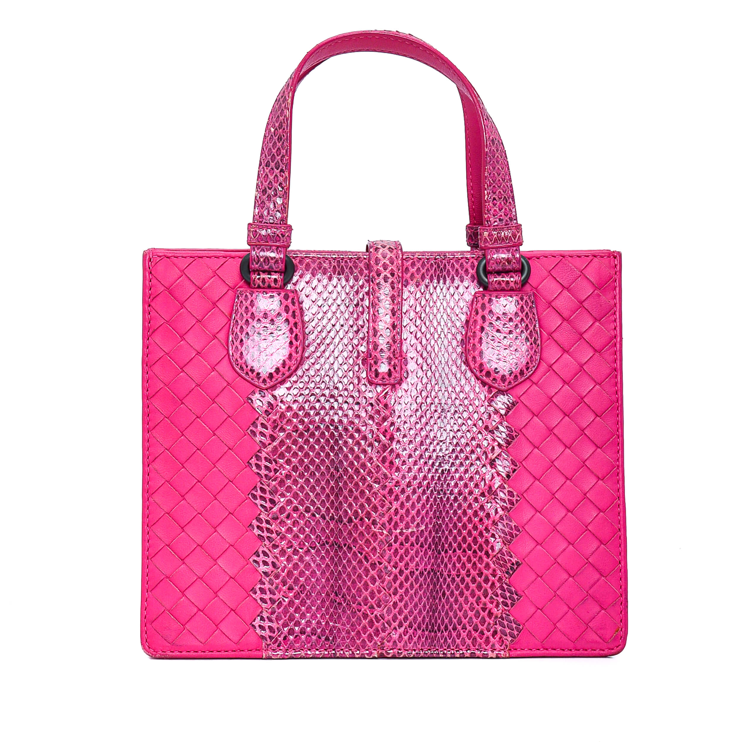 Bottega Veneta -  Pink Intreccıato Leather & Exotic Leather Mini Top Handle Bag 